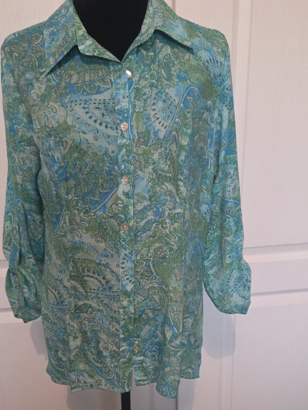 Studio Works Teal and Green Paisley Button-Down Shirt